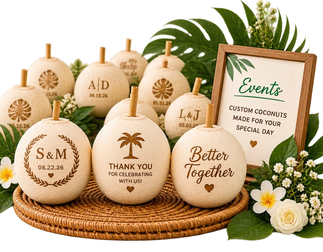 Laser-engraved coconuts arranged with flowers and an Events sign